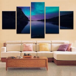 Aurora lake night 01 - Nature 5 Panel Canvas Art Wall Decor