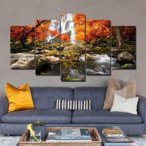 Autumn Forest & Waterfall - Nature 5 Panel Canvas Art Wall Decor