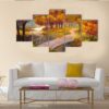 Autumn Forest With A River And Bridge - Abstract Nature 5 Panel Canvas Art Wall Decor