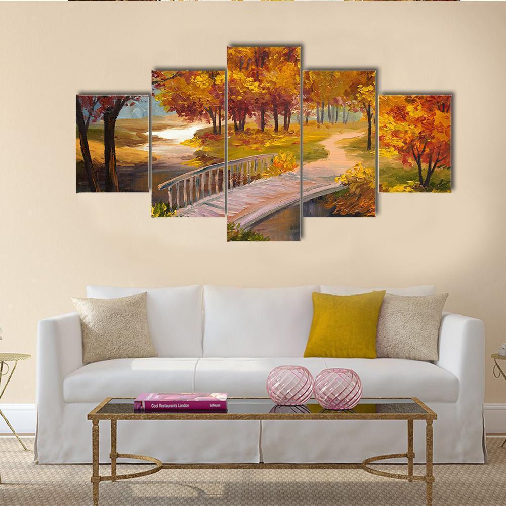 Autumn Forest With A River And Bridge - Abstract Nature 5 Panel Canvas Art Wall Decor Autumn Forest With A River And Bridge - Abstract Nature 5 Panel Canvas Art Wall Decor