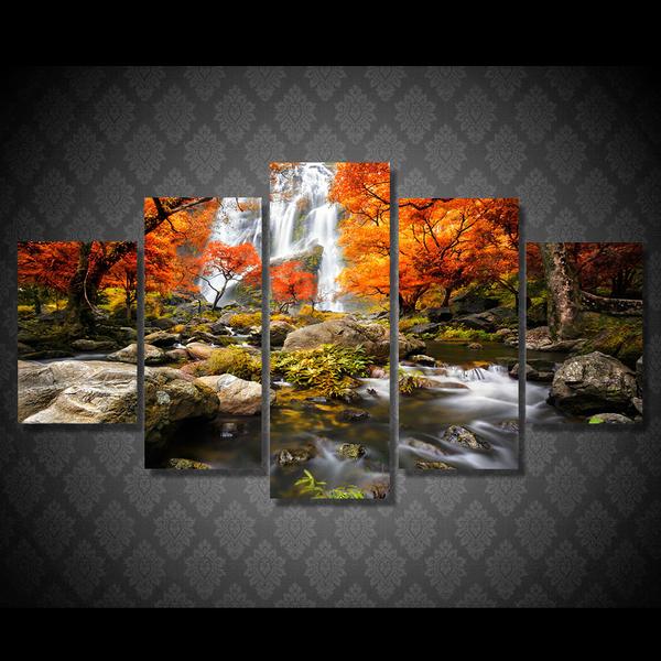Autumn Nature Lake Forest Waterfall Landscape - Nature 5 Panel Canvas Art Wall Decor Autumn Nature Lake Forest Waterfall Landscape - Nature 5 Panel Canvas Art Wall Decor