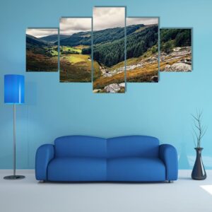 Autumn View At Green Forests And The River - Nature 5 Panel Canvas Art Wall Decor