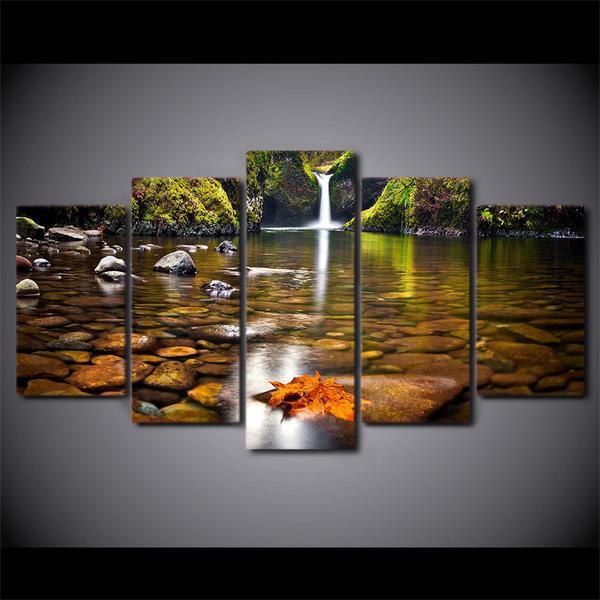 Autumn Waterfall Stones Rocks Reflection Off Water 03 - Nature 5 Panel Canvas Art Wall Decor Autumn Waterfall Stones Rocks Reflection Off Water 03 - Nature 5 Panel Canvas Art Wall Decor