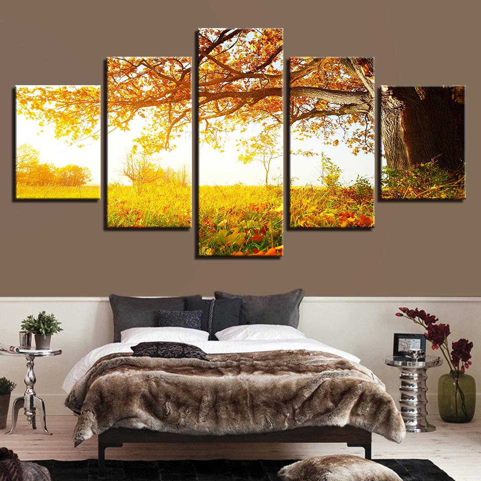 Autumn Yellow Trees And Flowers - Nature 5 Panel Canvas Art Wall Decor Autumn Yellow Trees And Flowers - Nature 5 Panel Canvas Art Wall Decor