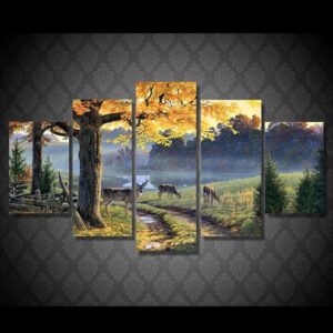 Autumn lake animal deer - Animal 5 Panel Canvas Art Wall Decor