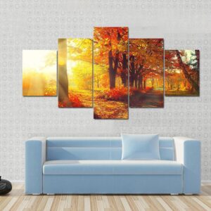 Autumnal Trees And Leaves In Sun Rays - Nature 5 Panel Canvas Art Wall Decor
