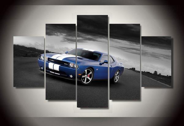 B5 Blue Dodge Challenger Srt Srt8 With Stripes - Automative 5 Panel Canvas Art Wall Decor B5 Blue Dodge Challenger Srt Srt8 With Stripes - Automative 5 Panel Canvas Art Wall Decor