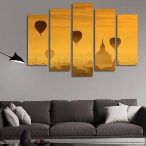 Balloons Over The Pagoda Temples Of Bagan In Myanmar - Nature 5 Panel Canvas Art Wall Decor