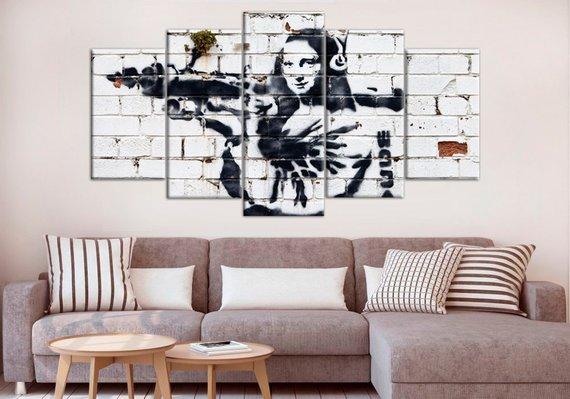 Banksy Mona Lisa Street Bazooka Gun - Abstract 5 Panel Canvas Art Wall Decor Banksy Mona Lisa Street Bazooka Gun - Abstract 5 Panel Canvas Art Wall Decor