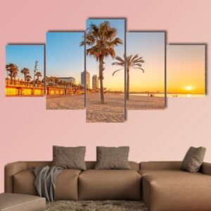 Barceloneta Beach At Sunrise - Nature 5 Panel Canvas Art Wall Decor