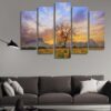 Bare Tree In A Sunflower Field - Nature 5 Panel Canvas Art Wall Decor