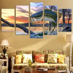 Bass Jumping At Sunrise - Fishing 5 Panel Canvas Art Wall Decor