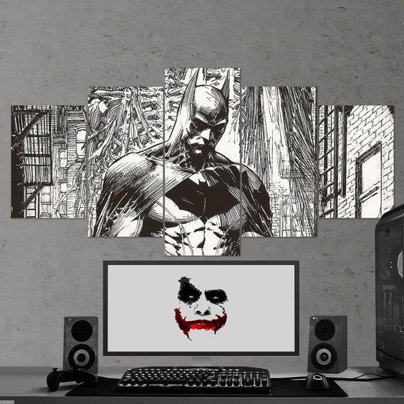 Batman Drawing Black And White - Dc 5 Panel Canvas Art Wall Decor Batman Drawing Black And White - Dc 5 Panel Canvas Art Wall Decor