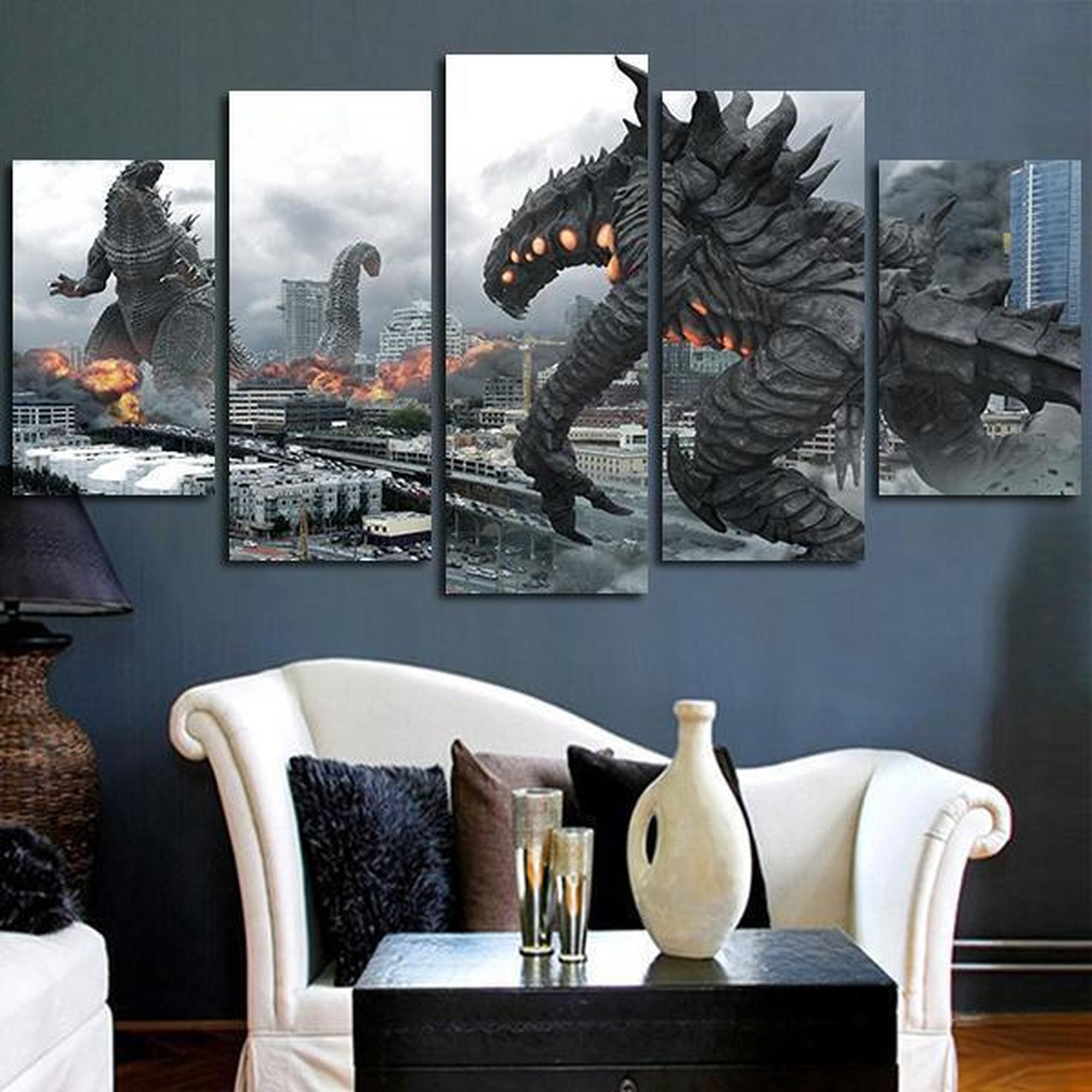Battle Of Godzilla Movie - 5 Panel Canvas Art Wall Decor Battle Of Godzilla Movie - 5 Panel Canvas Art Wall Decor