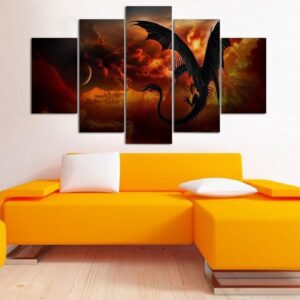 Battle Of The Dragons - Cartoon 5 Panel Canvas Art Wall Decor