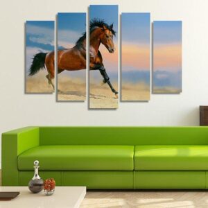 Bay Horse Running - Animal 5 Panel Canvas Art Wall Decor