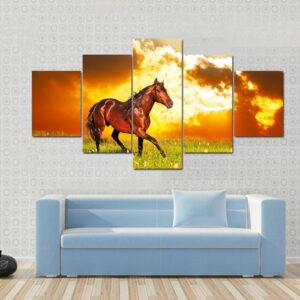 Bay Horse Skips On A Meadow - Animal 5 Panel Canvas Art Wall Decor