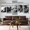 Beach Boulders Black And White - Nature 5 Panel Canvas Art Wall Decor
