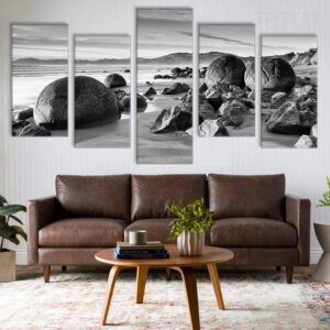 Beach Boulders Black And White - Nature 5 Panel Canvas Art Wall Decor
