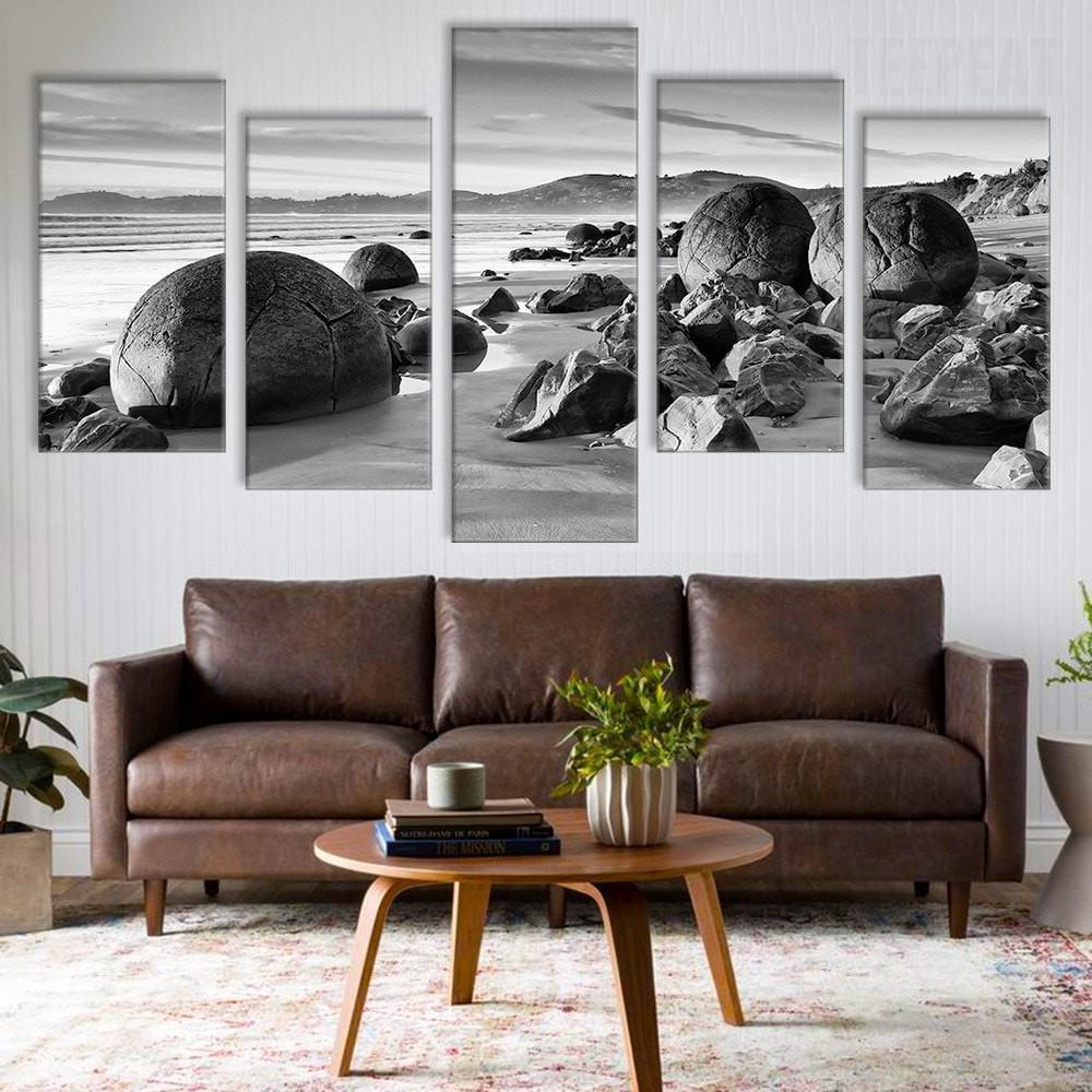 Beach Boulders Black And White - Nature 5 Panel Canvas Art Wall Decor Beach Boulders Black And White - Nature 5 Panel Canvas Art Wall Decor