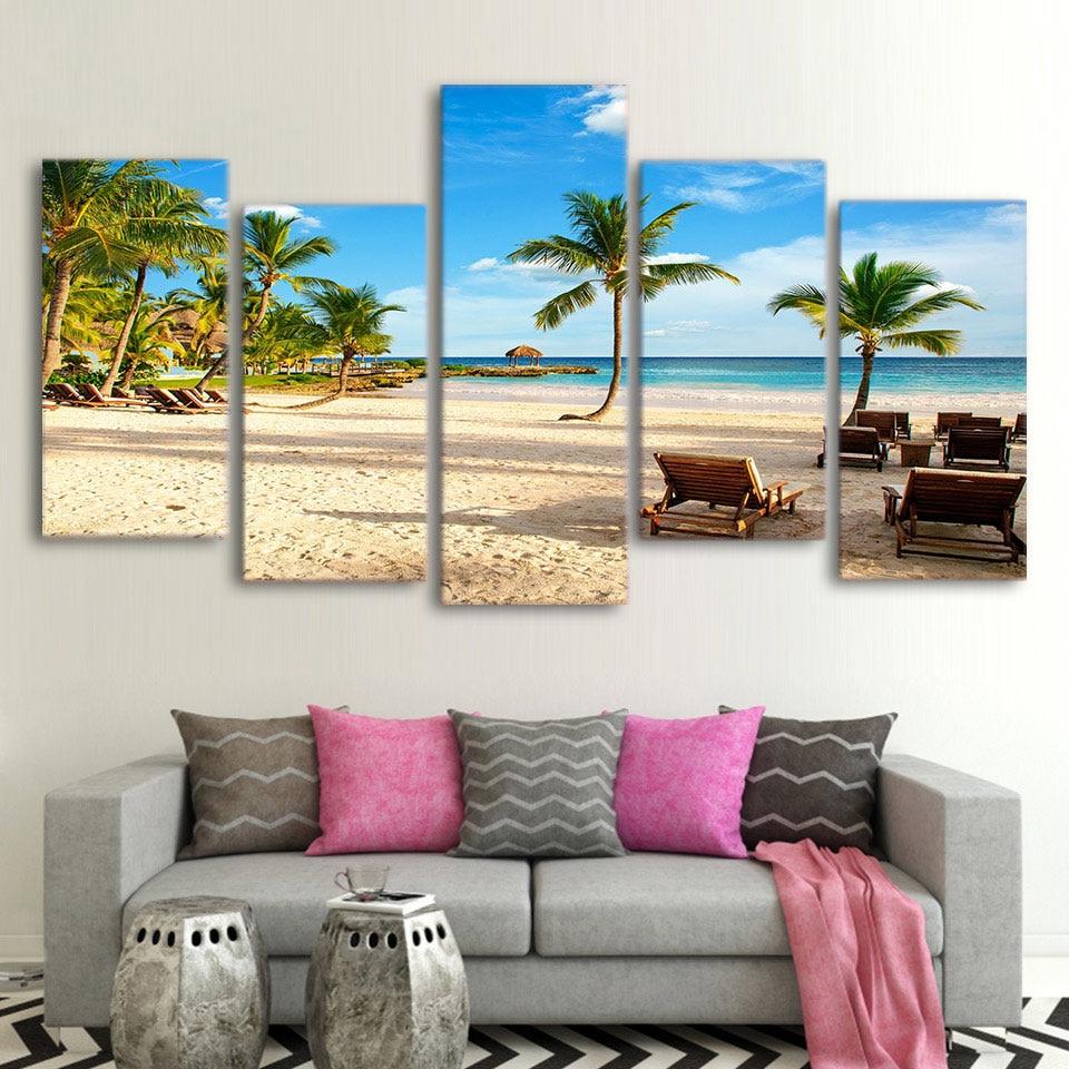 Beach Coconut Trees Sunshine - Space 5 Panel Canvas Art Wall Decor Beach Coconut Trees Sunshine - Space 5 Panel Canvas Art Wall Decor