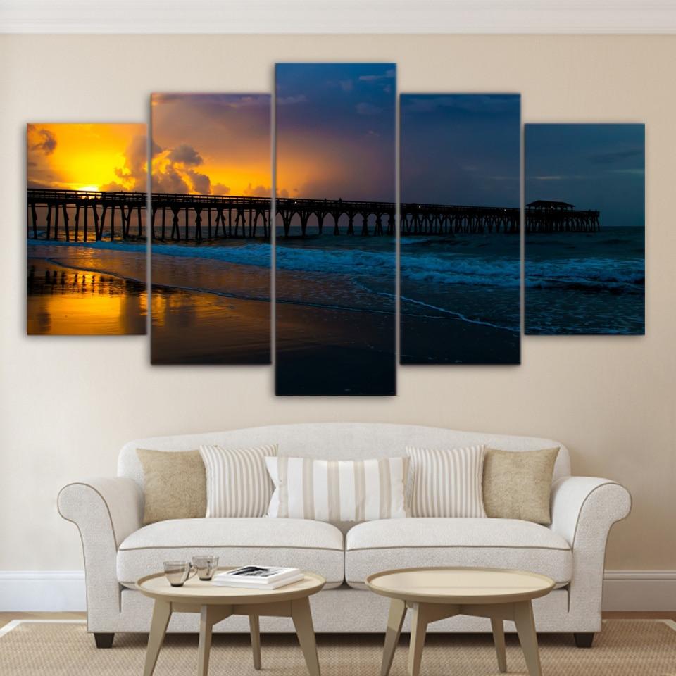 Beach Evening Pier Sunset - Nature 5 Panel Canvas Art Wall Decor Beach Evening Pier Sunset - Nature 5 Panel Canvas Art Wall Decor