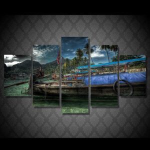 Beach Fishing Boat 01 - Fishing 5 Panel Canvas Art Wall Decor