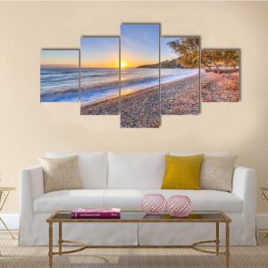 Beach In Greece With Tamarisk Tree - Nature 5 Panel Canvas Art Wall Decor
