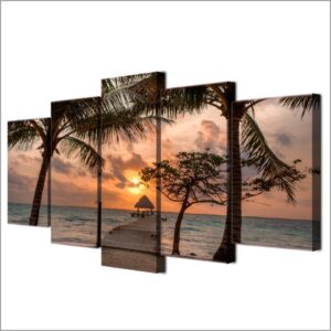 Beach Palm Pier Sky - Nature 5 Panel Canvas Art Wall Decor
