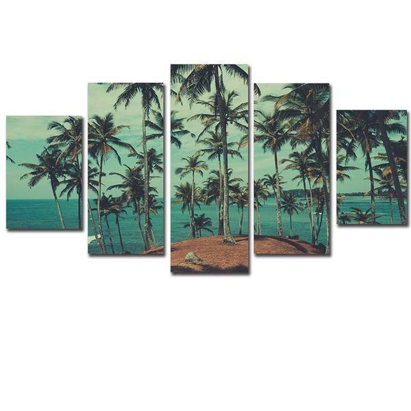 Beach Palm Trees Island 1 - Nature 5 Panel Canvas Art Wall Decor Beach Palm Trees Island 1 - Nature 5 Panel Canvas Art Wall Decor