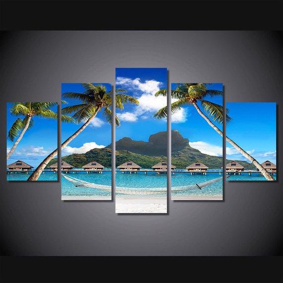 Beach Paradise Hammock Ocean - Nature 5 Panel Canvas Art Wall Decor Beach Paradise Hammock Ocean - Nature 5 Panel Canvas Art Wall Decor