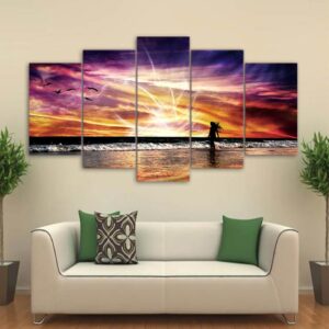 Beach Rosy Clouds - Nature 5 Panel Canvas Art Wall Decor
