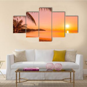 Beach Sea And Ocean At Sunrise Time - Nature 5 Panel Canvas Art Wall Decor