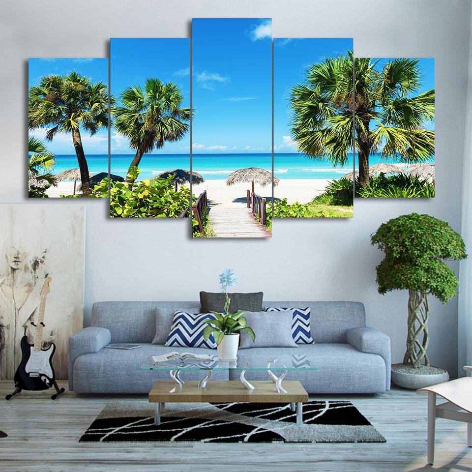 Beach Seascape Coconut Grove - Nature 5 Panel Canvas Art Wall Decor Beach Seascape Coconut Grove - Nature 5 Panel Canvas Art Wall Decor