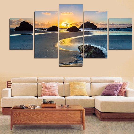 Beach Shores Sunset 5 - Nature 5 Panel Canvas Art Wall Decor Beach Shores Sunset 5 - Nature 5 Panel Canvas Art Wall Decor