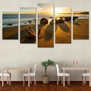 Beach Sunset Sea Stones - Nature 5 Panel Canvas Art Wall Decor