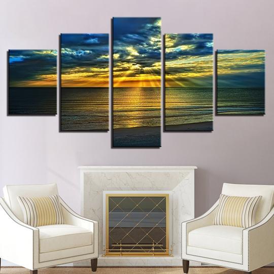 Beach Sunset Through The Clouds - Space 5 Panel Canvas Art Wall Decor Beach Sunset Through The Clouds - Space 5 Panel Canvas Art Wall Decor
