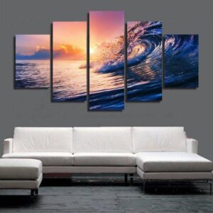 Beach Wave Sunset 2 - Nature 5 Panel Canvas Art Wall Decor