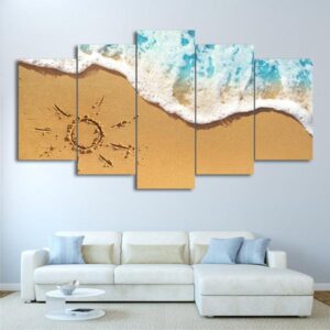 Beach Wave With Sun In Sand - Nature 5 Panel Canvas Art Wall Decor