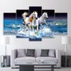 Beach Waves White Horses Racing - Animal 5 Panel Canvas Art Wall Decor