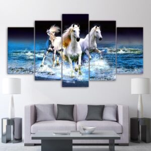 Beach Waves White Horses Racing - Animal 5 Panel Canvas Art Wall Decor