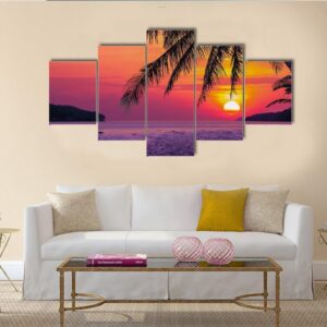 Beach With Coconut Tree During Sunrise - Nature 5 Panel Canvas Art Wall Decor