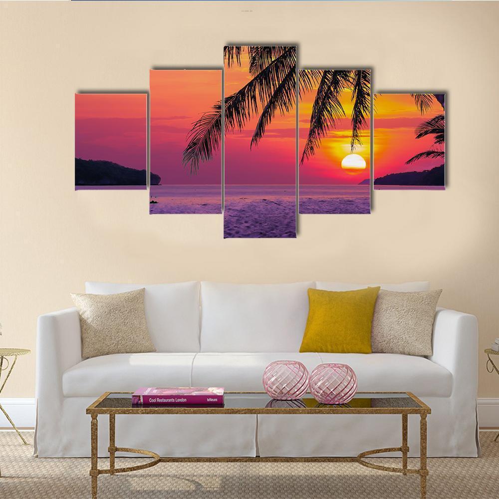 Beach With Coconut Tree During Sunrise - Nature 5 Panel Canvas Art Wall Decor Beach With Coconut Tree During Sunrise - Nature 5 Panel Canvas Art Wall Decor