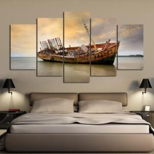 Beached Fishing Boat - Fishing 5 Panel Canvas Art Wall Decor