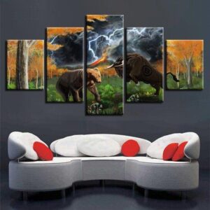 Bear And Bull - Abstract Animal 5 Panel Canvas Art Wall Decor
