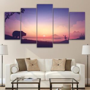 Bear And Deer Watch The Sunrise - Nature 5 Panel Canvas Art Wall Decor