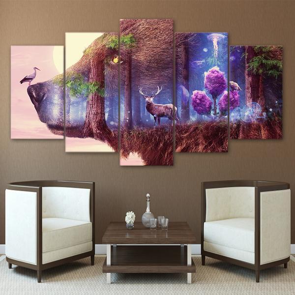 Bear Forest Bird Large 01 - Nature 5 Panel Canvas Art Wall Decor Bear Forest Bird Large 01 - Nature 5 Panel Canvas Art Wall Decor