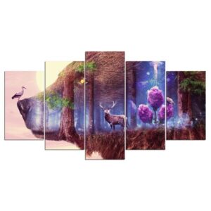 Bear Forest Bird Large - Nature 5 Panel Canvas Art Wall Decor