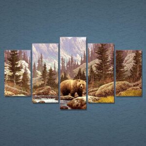 Bear In Wild Forest - Animal 5 Panel Canvas Art Wall Decor