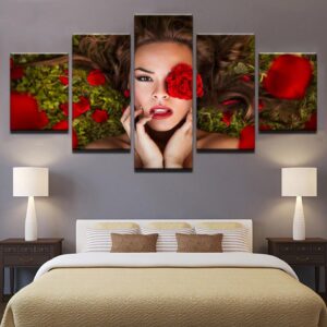 Beautiful Amazing Woman With Red Roses Flowers - Abstract 5 Panel Canvas Art Wall Decor